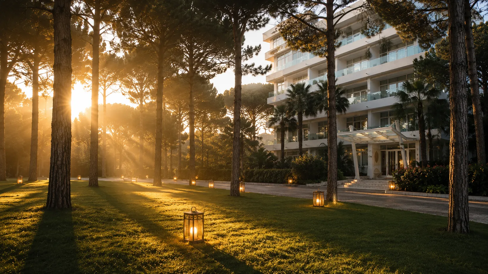Greif Hotel exterior among maritime pines at golden hour