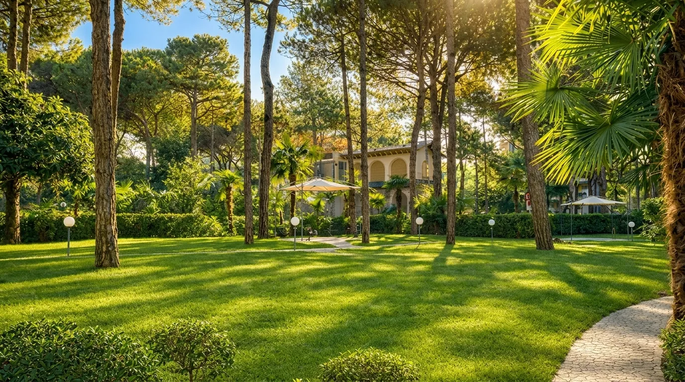 Winding garden paths with flowering gardens and greenery